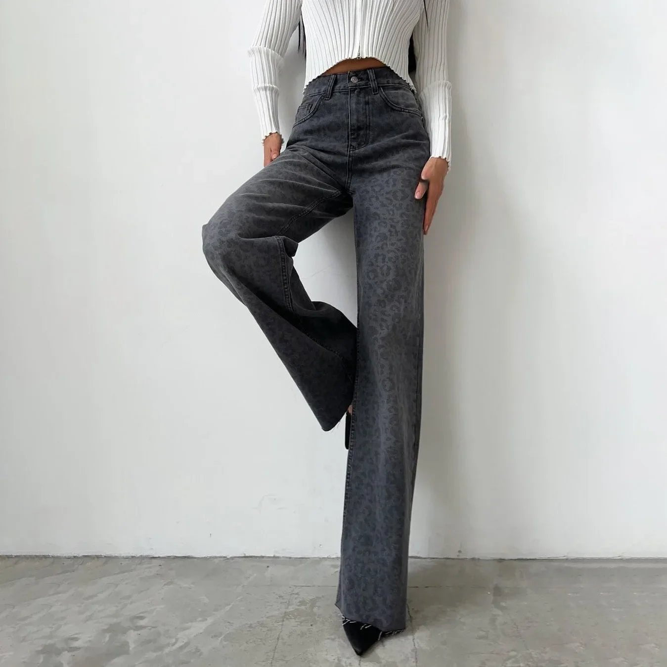 Leopard Print High Waist Straight Leg Jeans - Black Thesis