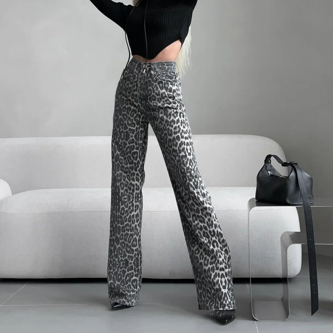 Leopard Print High Waist Straight Leg Jeans - Black Thesis