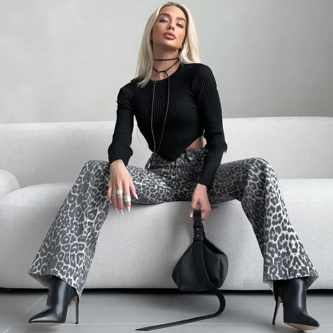 Leopard Print High Waist Straight Leg Jeans - Black Thesis