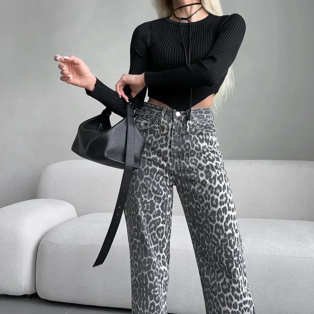 Leopard Print High Waist Straight Leg Jeans - Black Thesis