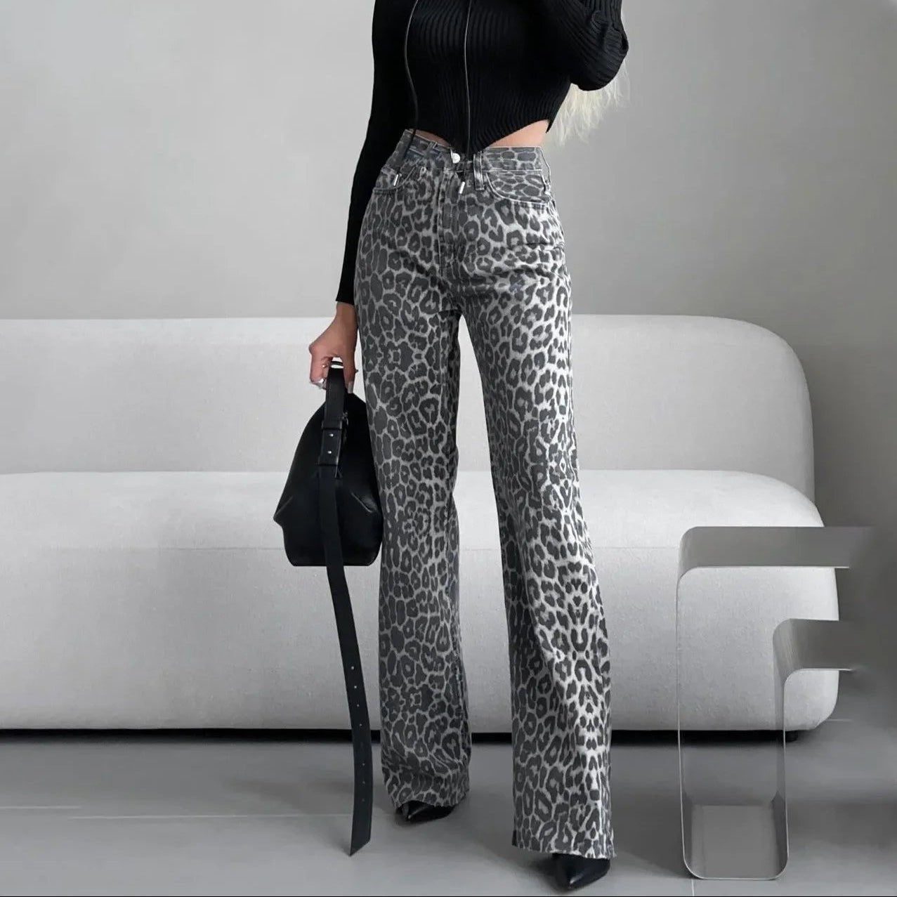 Leopard Print High Waist Straight Leg Jeans - Black Thesis