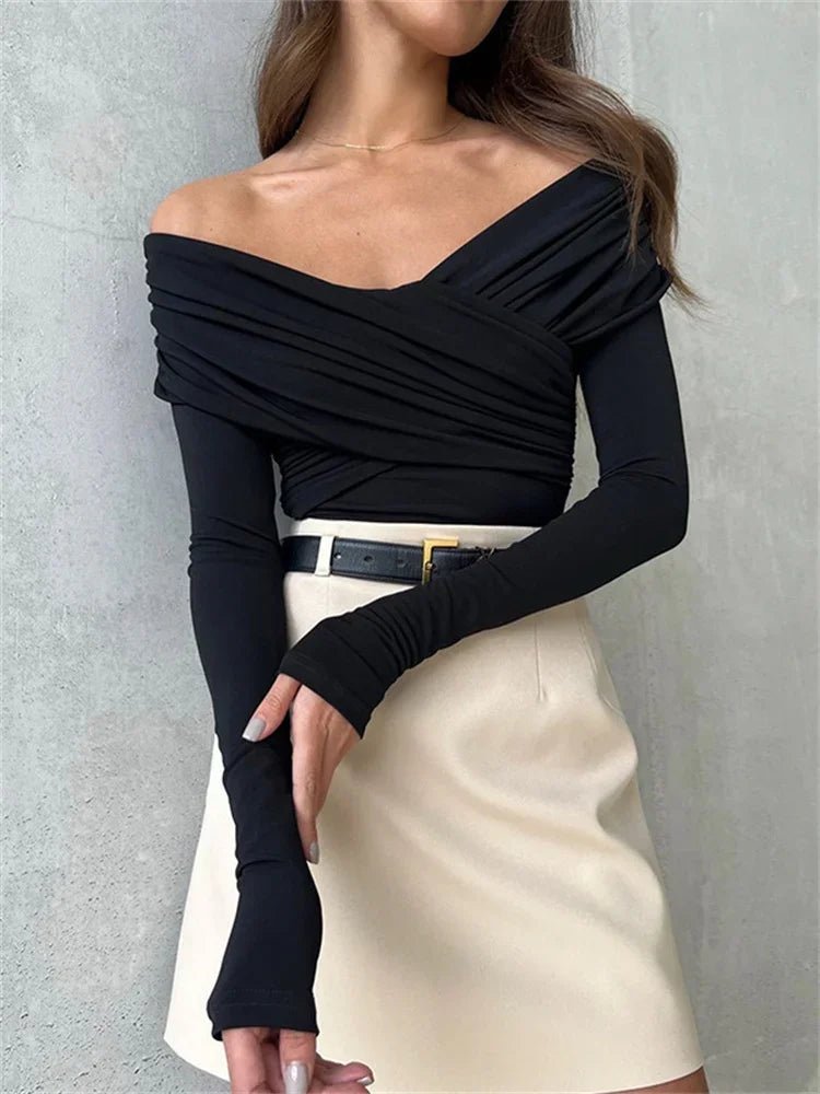 Maya Off‑Shoulder Wrap Long Sleeve Top - Black Thesis