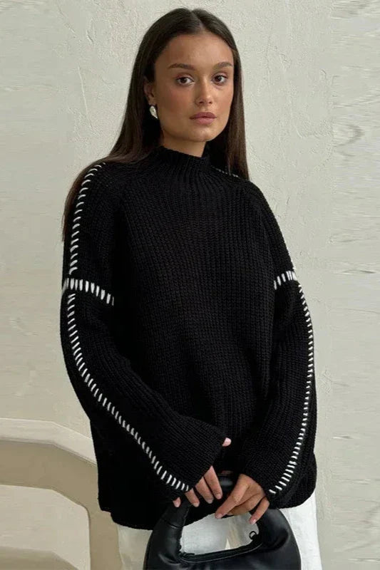 Oversized Patchwork Knit Jumper | Mock Neck with Flared Sleeves - Black Thesis