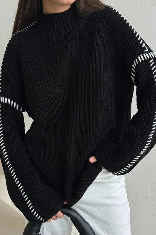 Oversized Patchwork Knit Jumper | Mock Neck with Flared Sleeves - Black Thesis