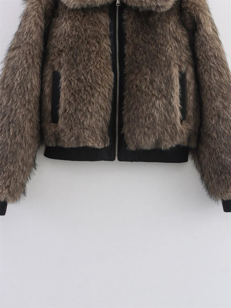 Faux Fur Bomber Jacket - Cropped Fit, Shawl Collar - Black Thesis